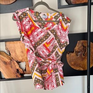 New York & Company Red and Yellow Patterned Wrap Blouse